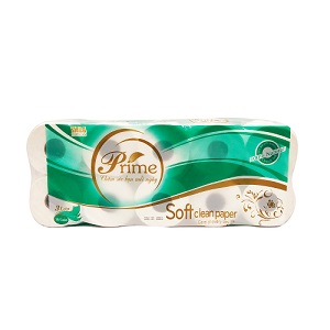 Giấy vệ sinh Prime - 10 cuộn, 3 lớp, có lõi trung tâm.